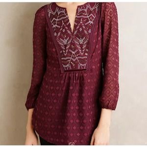 EUC One September Anthropologie Women's Burgundy Madiran Peasant Blouse XS
